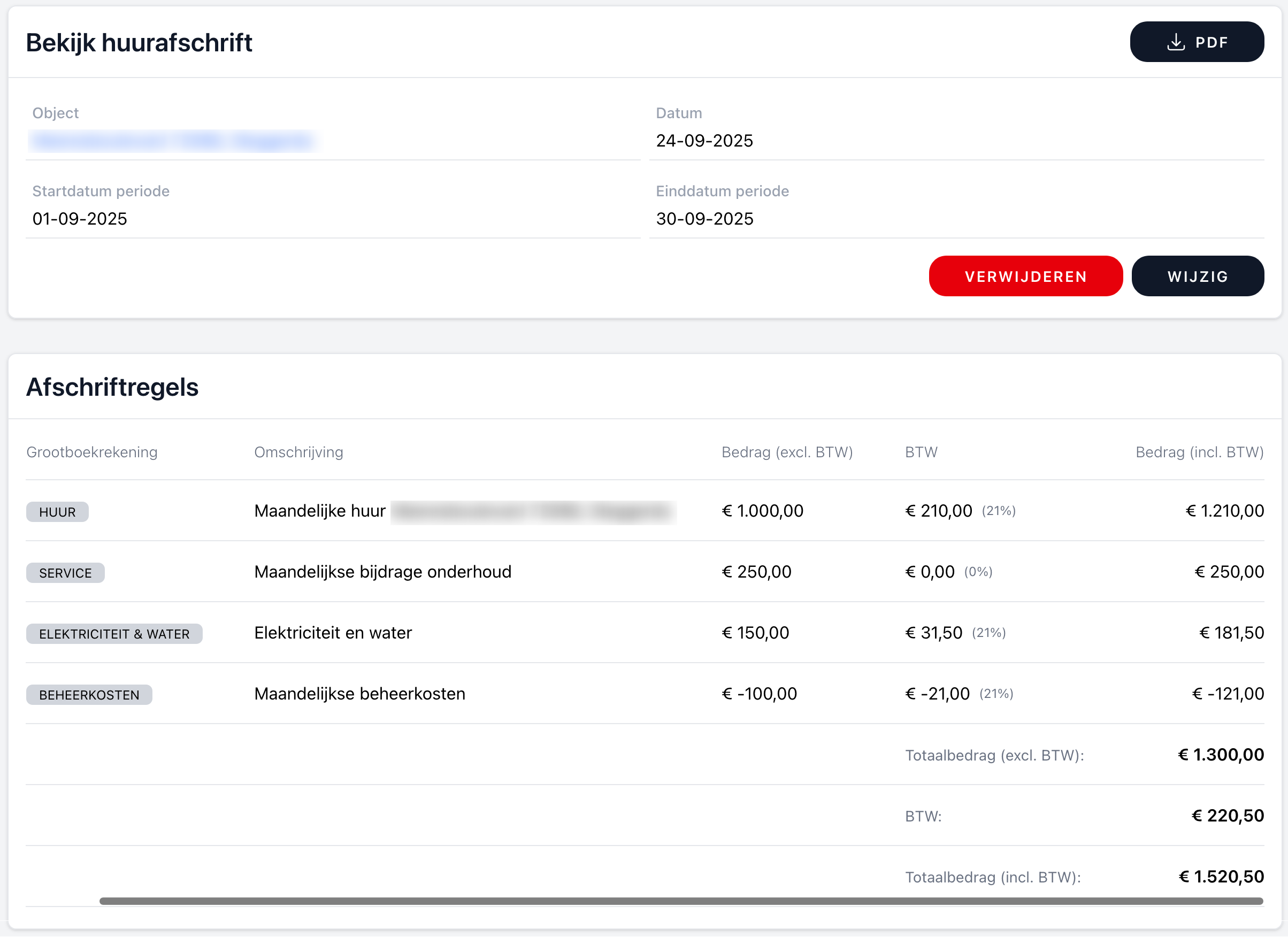 Huurafschrift voor financiële momentopname